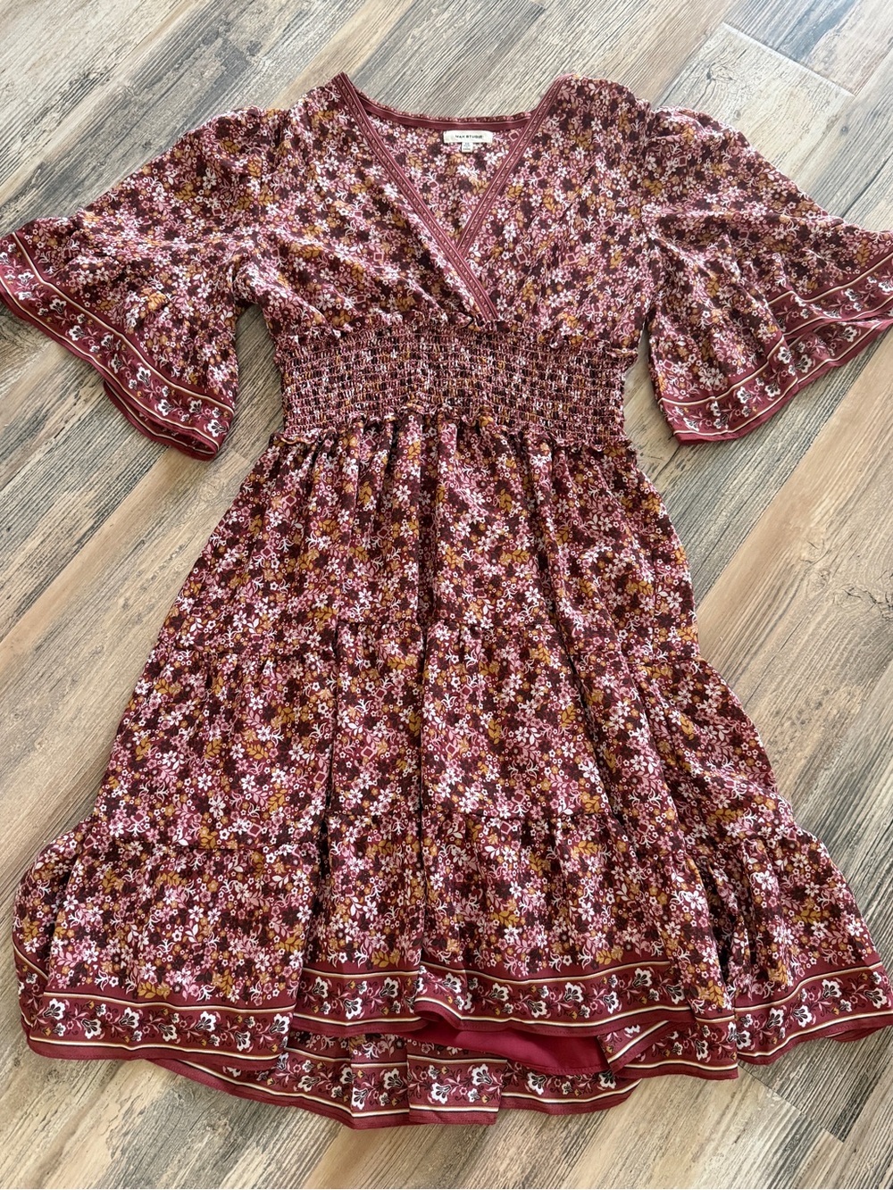 Max Studio Maroon Floral Boho Smocked Waist Dress